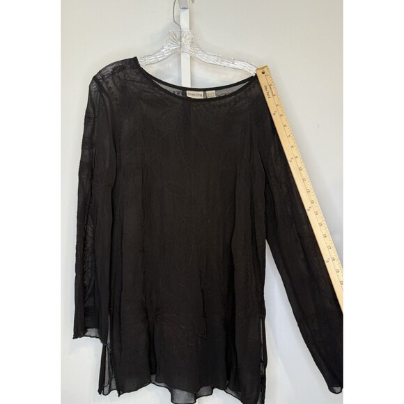 Chico’s Size 1 Black Sheer Embroidered Tunic Blouse Boho Long Sleeve Overlay Top - Picture 6 of 9